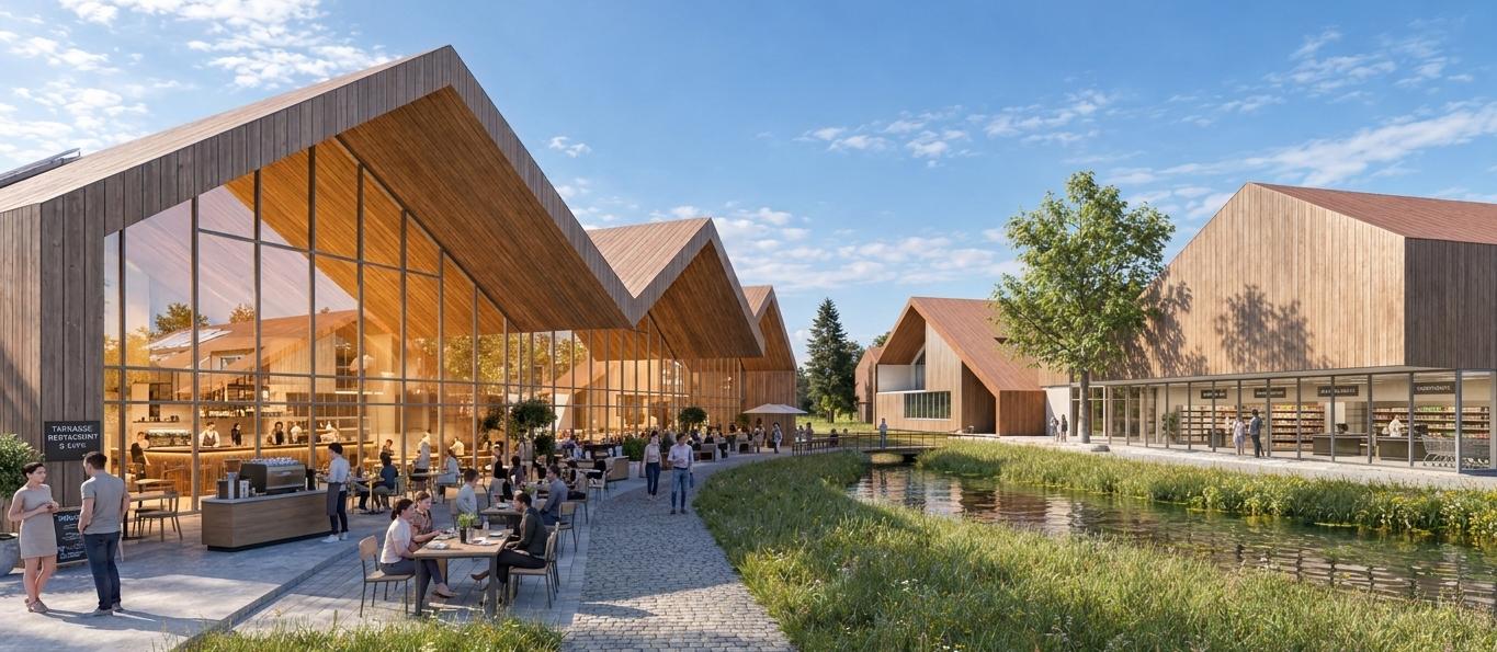 Visualisierung der Promenade am Wasser mit Restaurant und Markthalle